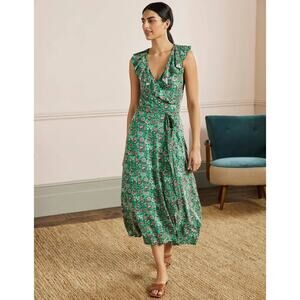 New Boden Saskia Wrap Jersey Maxi Dress Green Floral Tie Waist Sleeveless Sz 8